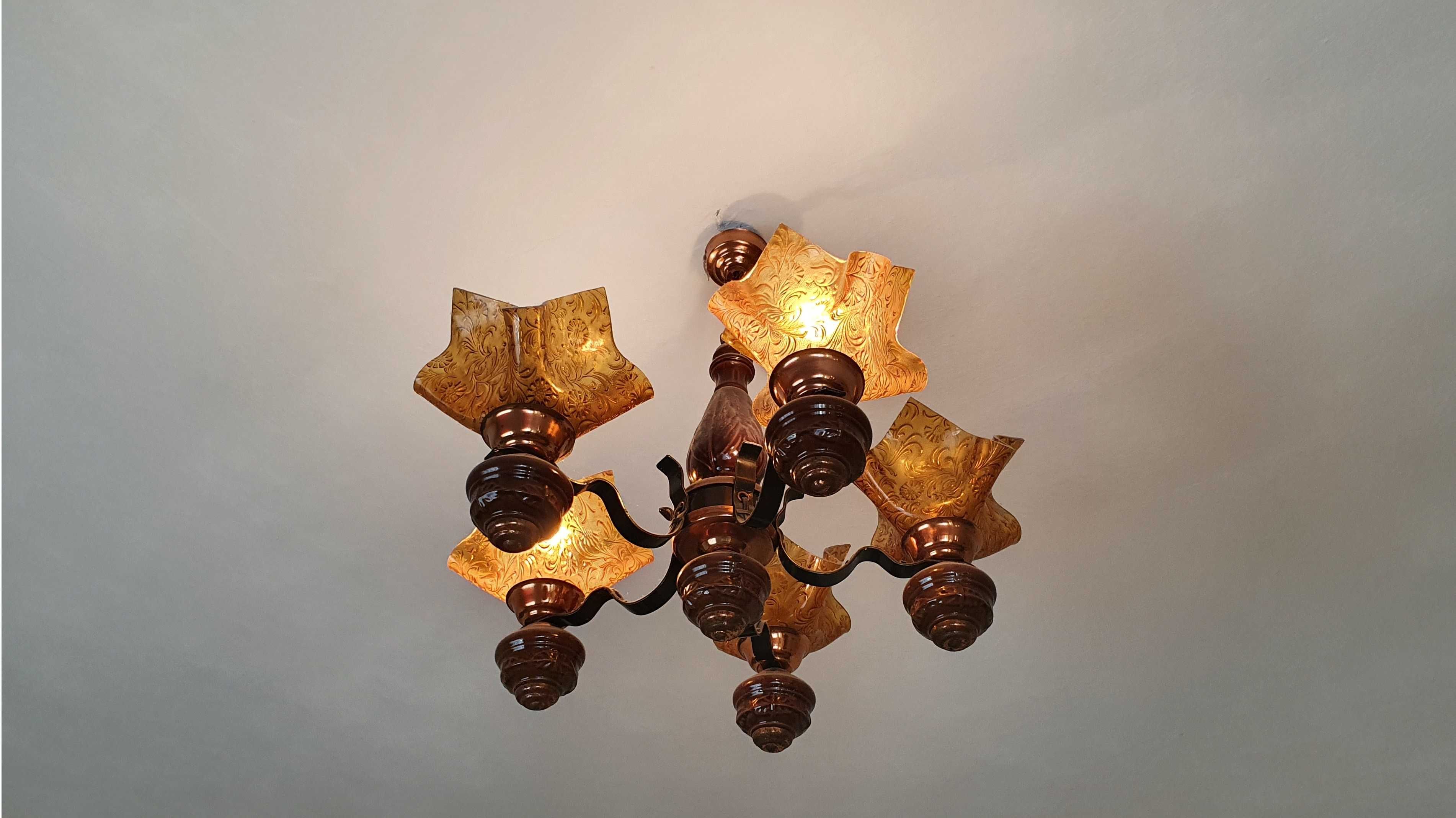 Lampa sufitowa / żyrandol pięcioramienny brązowy z ozdobnymi kloszami