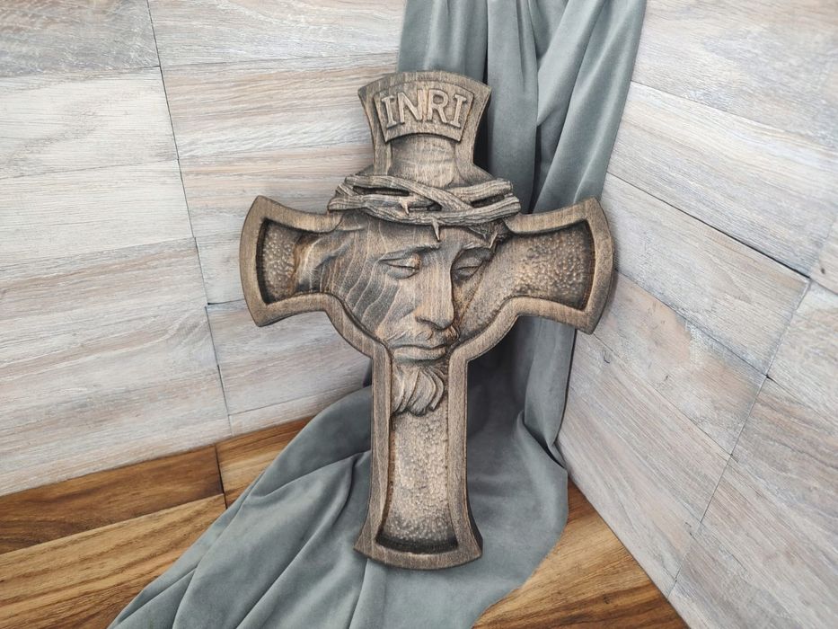 Płaskorzeźba drewniany duży Krzyż nowoczesny Jezus inri prymicje 120cm
