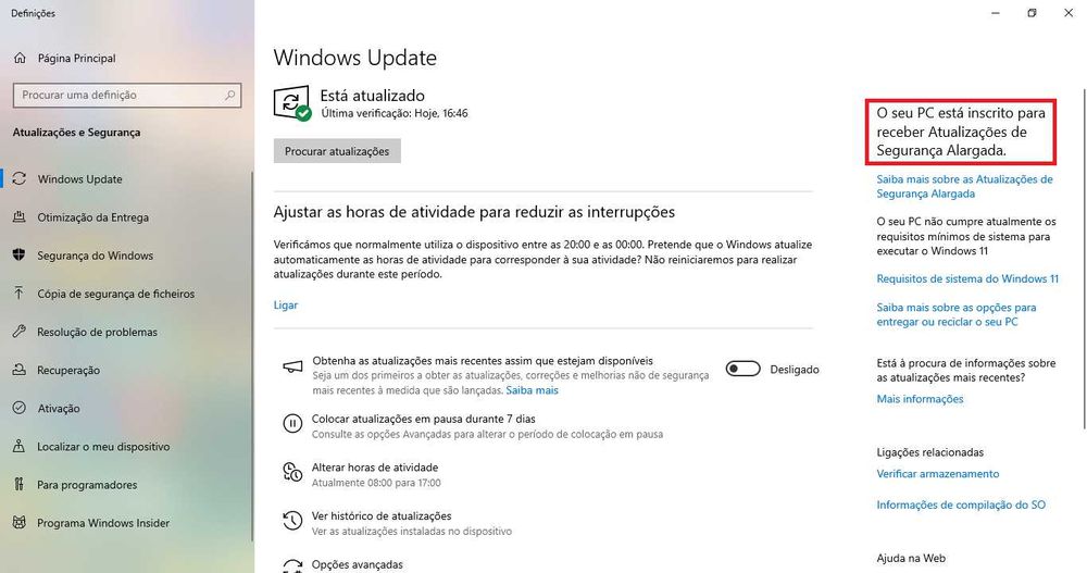 Actualização para Windows 11 ou Extensão Atualizações Windows 10
