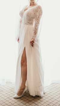 Suknia ślubna muślinowa długi rękaw z rozcięciem rozporkiem