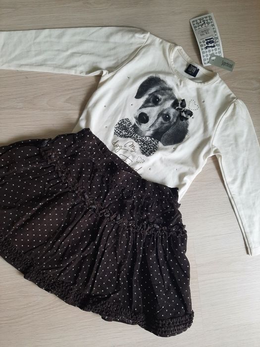 Zestaw Nowa bluzka długi rękaw piesek +  spódniczka sztruks r. 98 3-4l