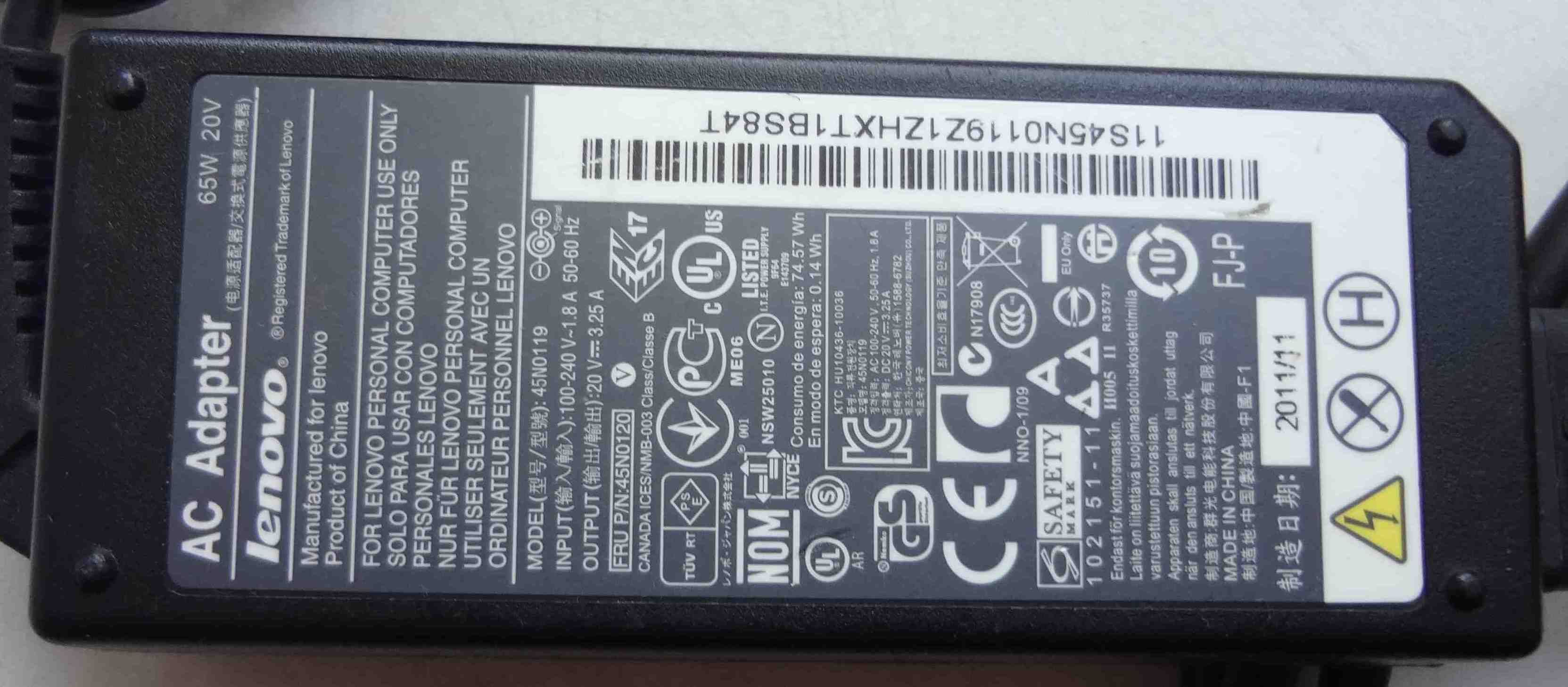 Блок питания Lenovo 20V 3.25A 65W 45N0119 адаптер