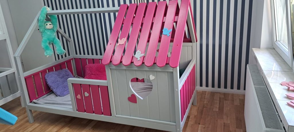 Łóżeczko drewniane domek łóżko dla dzieci KOLORY LED