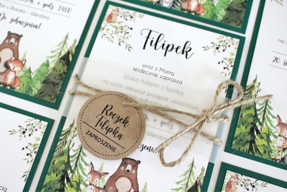 Zaproszenia na roczek urodziny urodzinowe chrzest leśne
