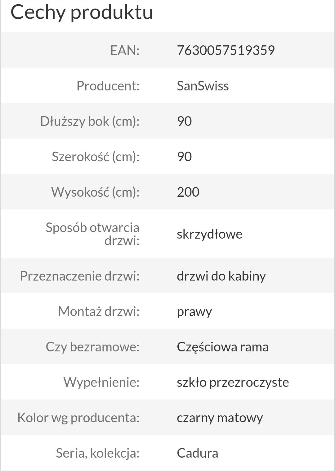 Drzwi prysznicowe Sanswiss Cadura 90x200 czarny mat – nowe, 30% ceny