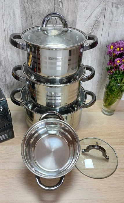 4szt. 6L; 3,5L; 2,5L, 1,8L Soliny Zestaw Garnków z czarnymi Uchwytami