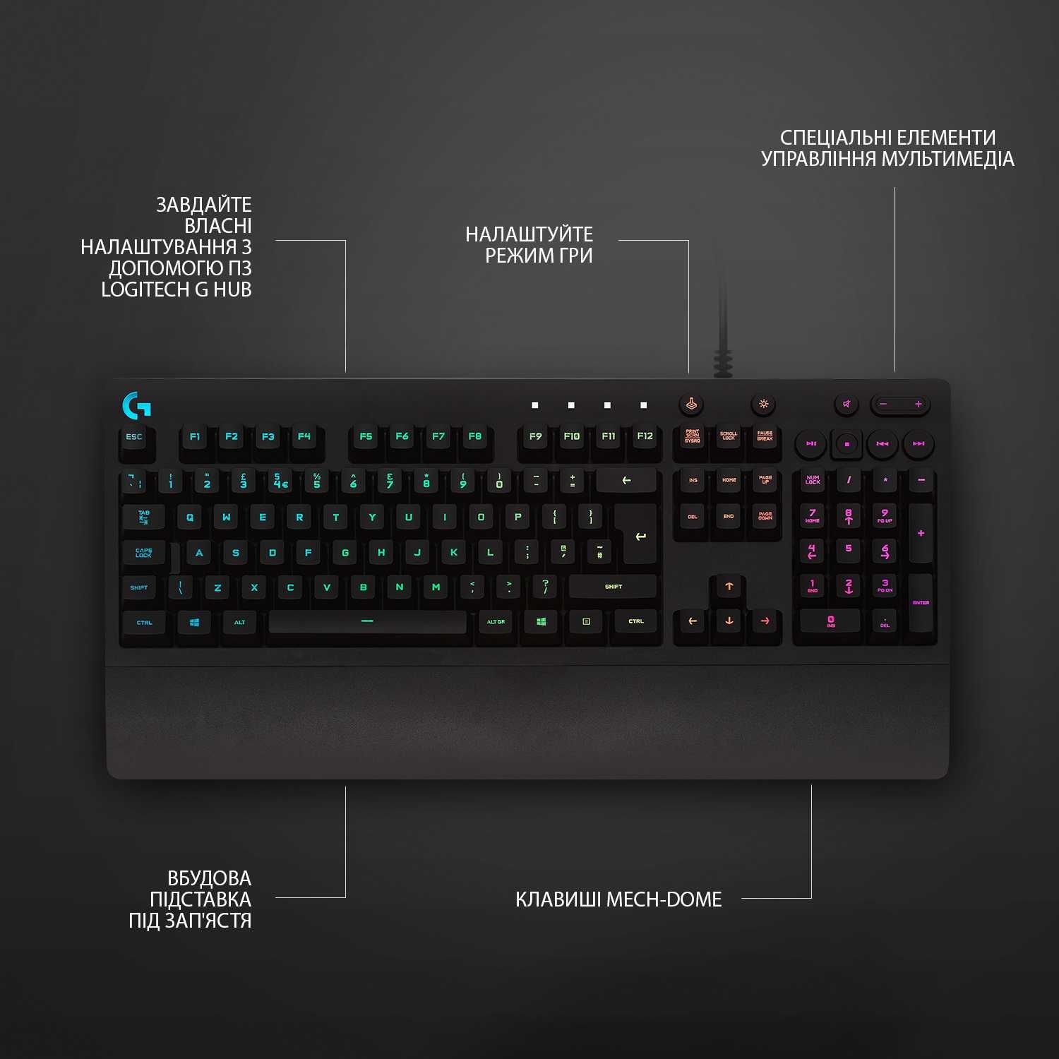 Logitech G213
Ігрова клавіатура з RGB підсвічуванням
