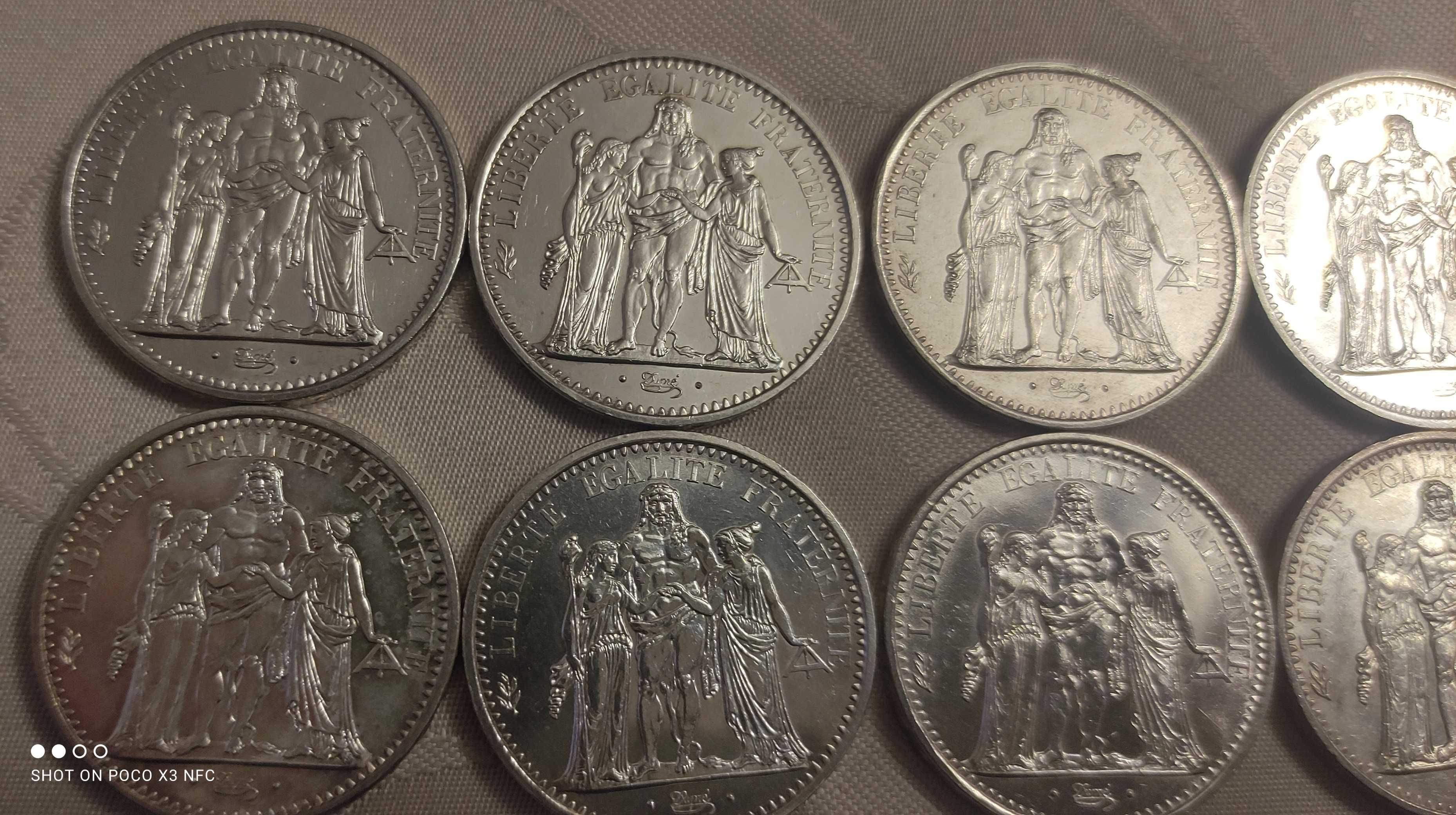 Srebrne monety zestaw 8 sztuk 10 franków z lat 1965 do 1970 srebro Ag