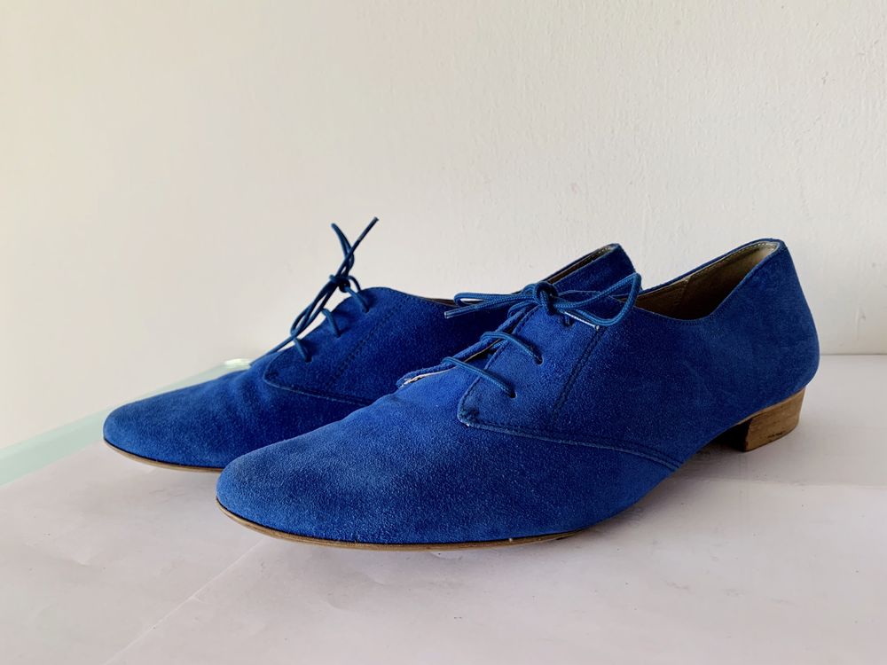 Skórzane zamszowe niebieskie buty mokasyny