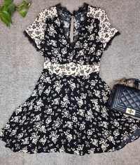 Czarno beżowa sukienka w kwiaty, Casusl, elegancka, New Look, 38