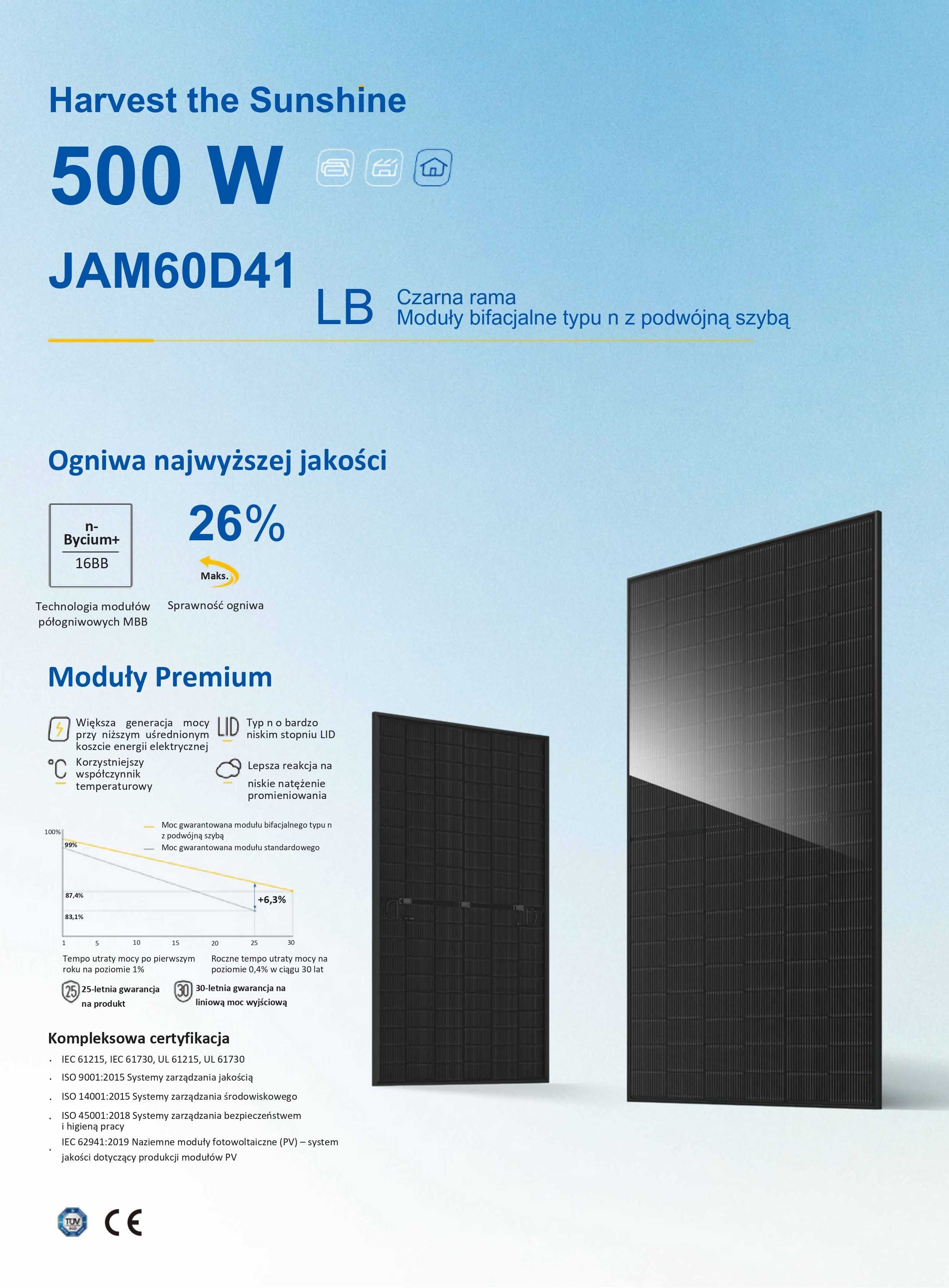 Moduł Panel Fotowoltaiczny JA Solar 500 Full Black Kielce (Brutto)
