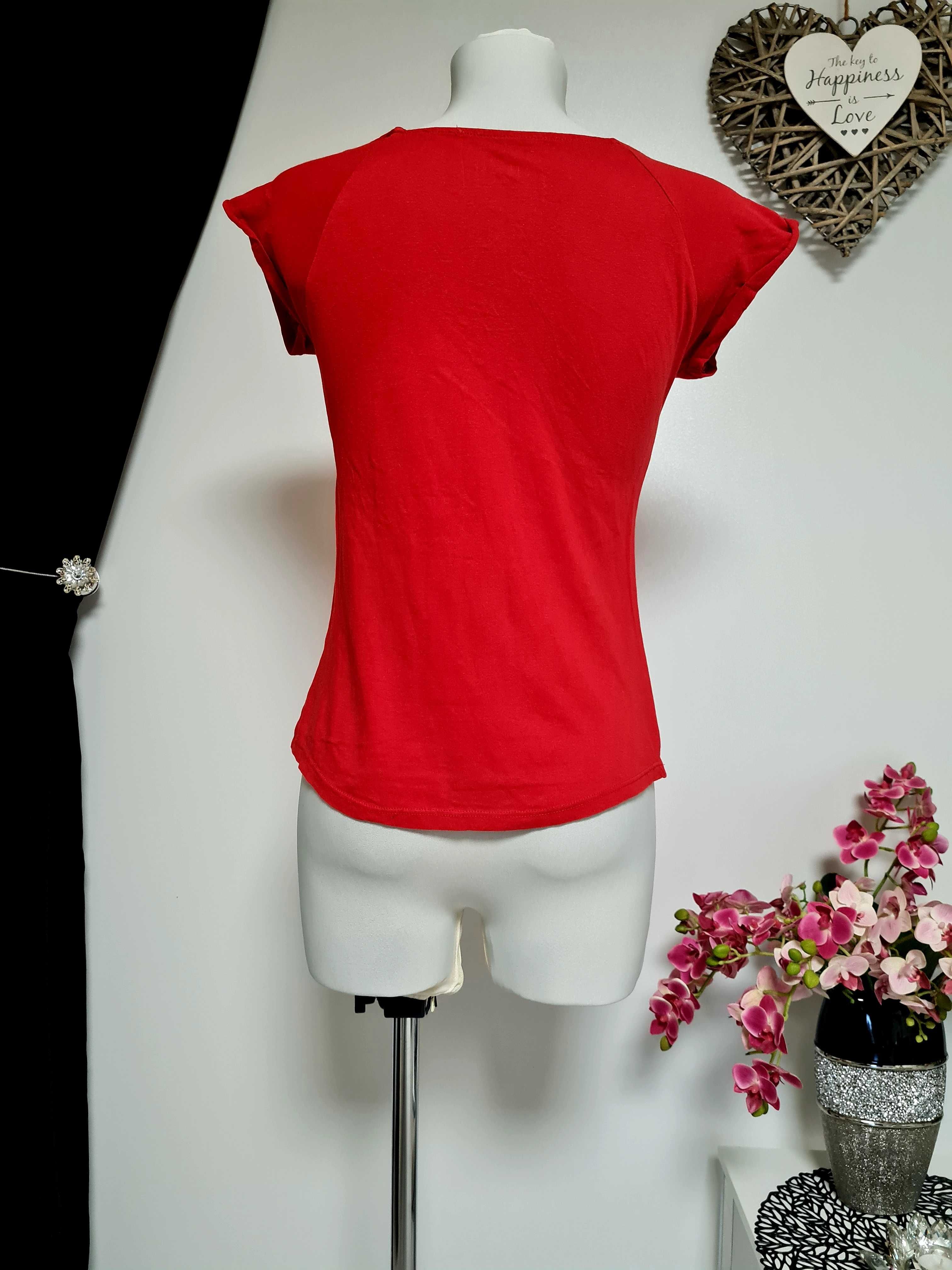 388. Klasyczna czerwona bluzka damska koszulka t-shirt XS 34