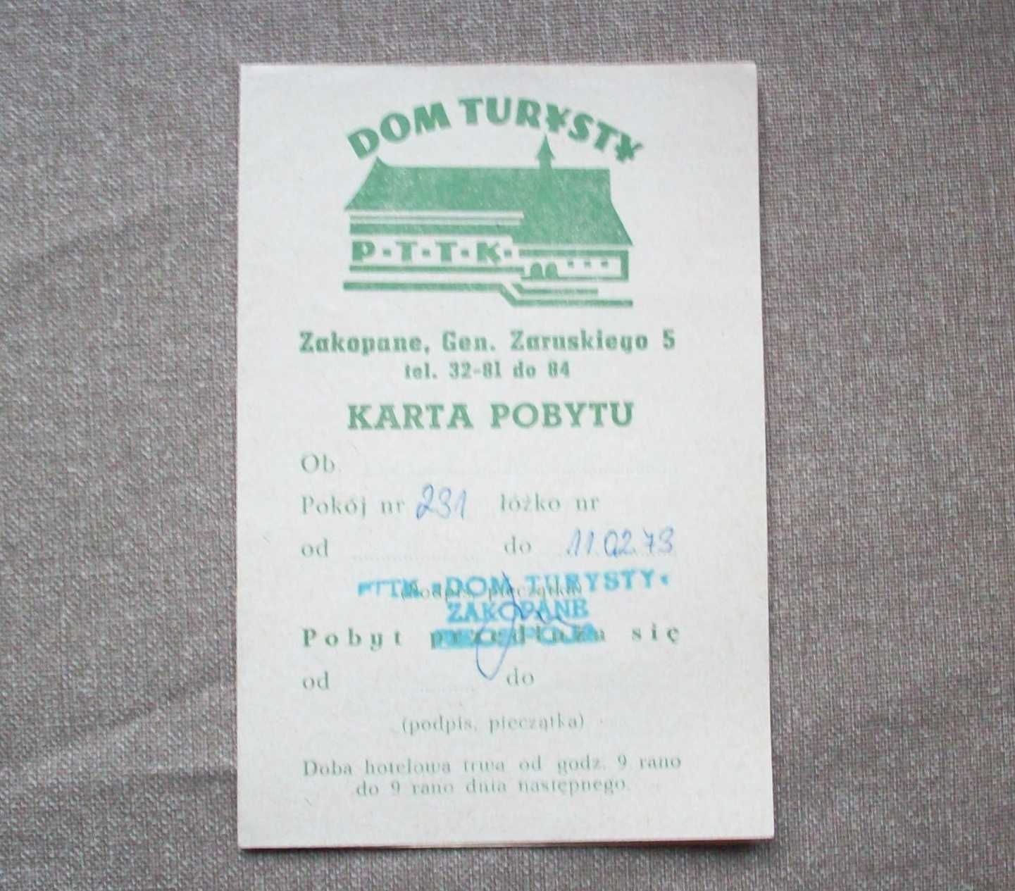 Karta pobytu, Dom Turysty, Zakopane, 1973, PRL.