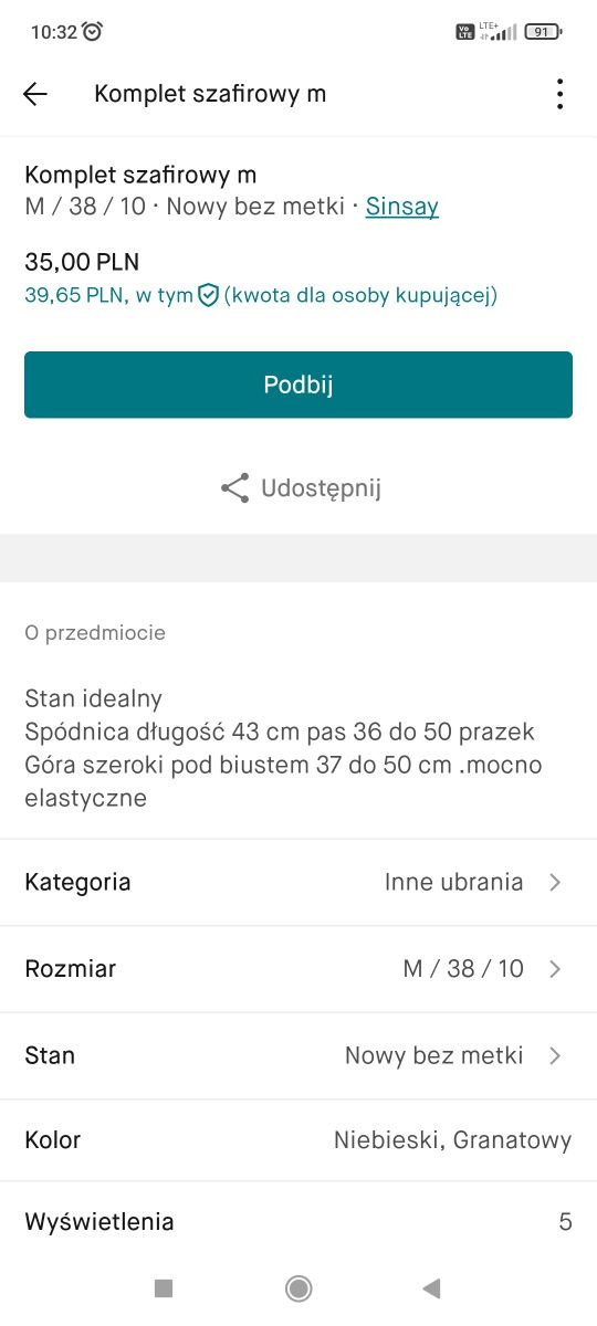 Komplet zestaw letni szafirowy m