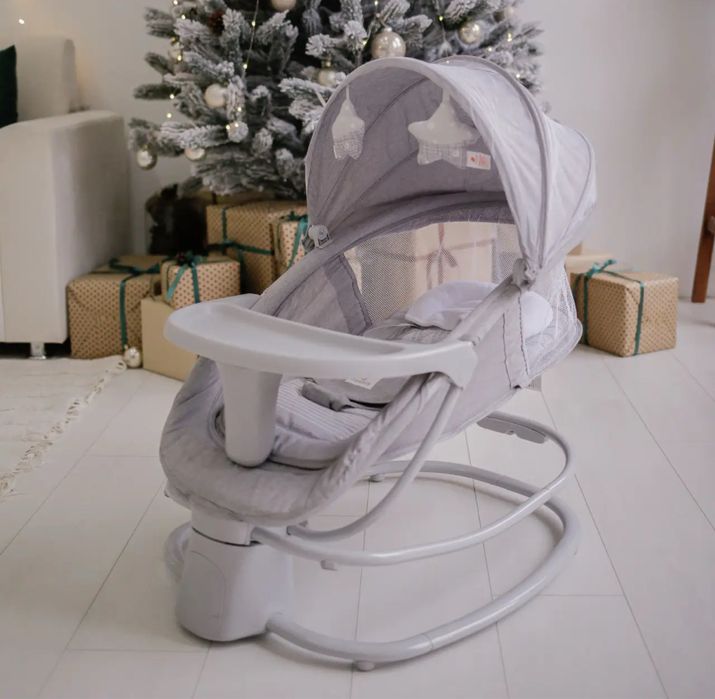 Музикальний центр шезлонг для дитини, дитяча качалка з маскітною сітко