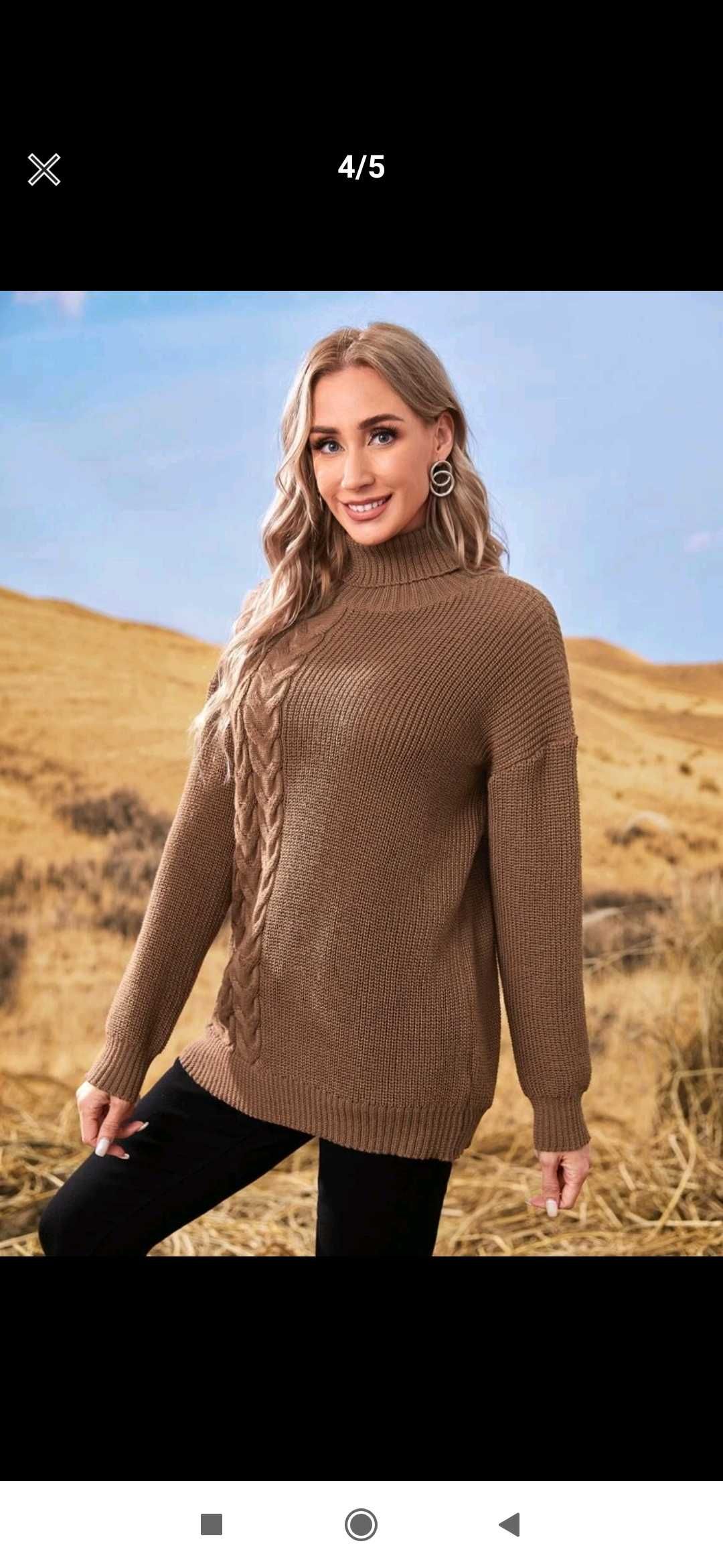 Nowy sweter damski długi brązowy warkoczowy splot sukienka 38