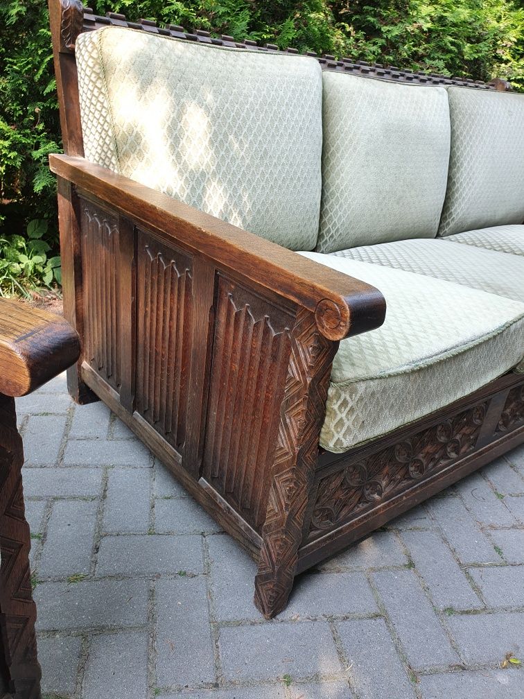 Meble drewniane dębowe kanapa fotele zabytkowe vintage