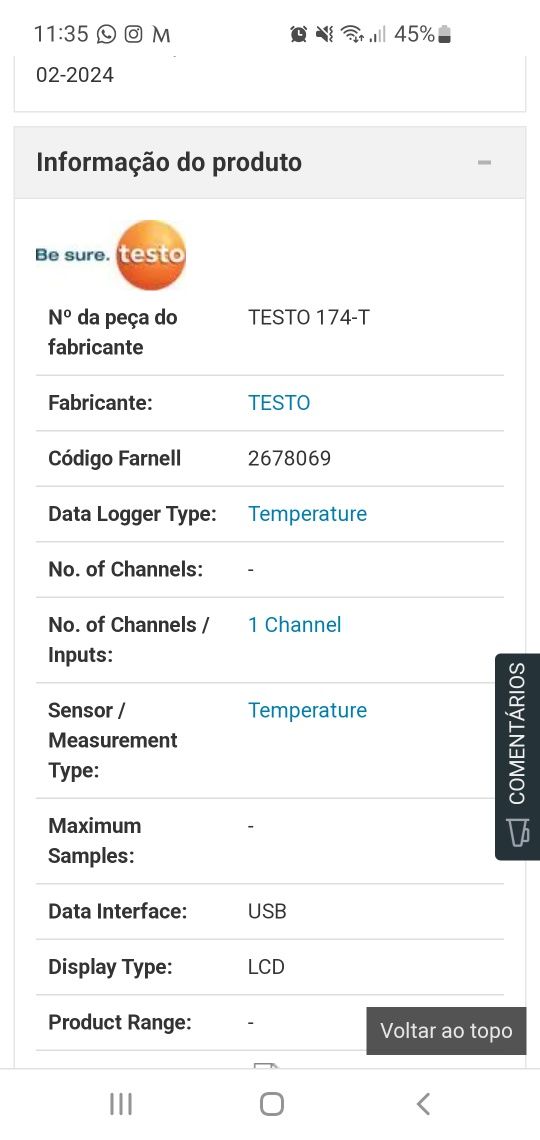 Registador de temperatura interno - TESTO 174 T