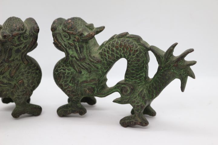 RARO Par de Cães Foo Dragões Chineses Feng Shui em Bronze XIX