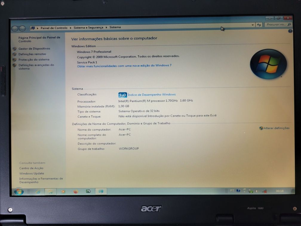 Vendo portátil Acer Aspire 1680 a funcionar normalmente