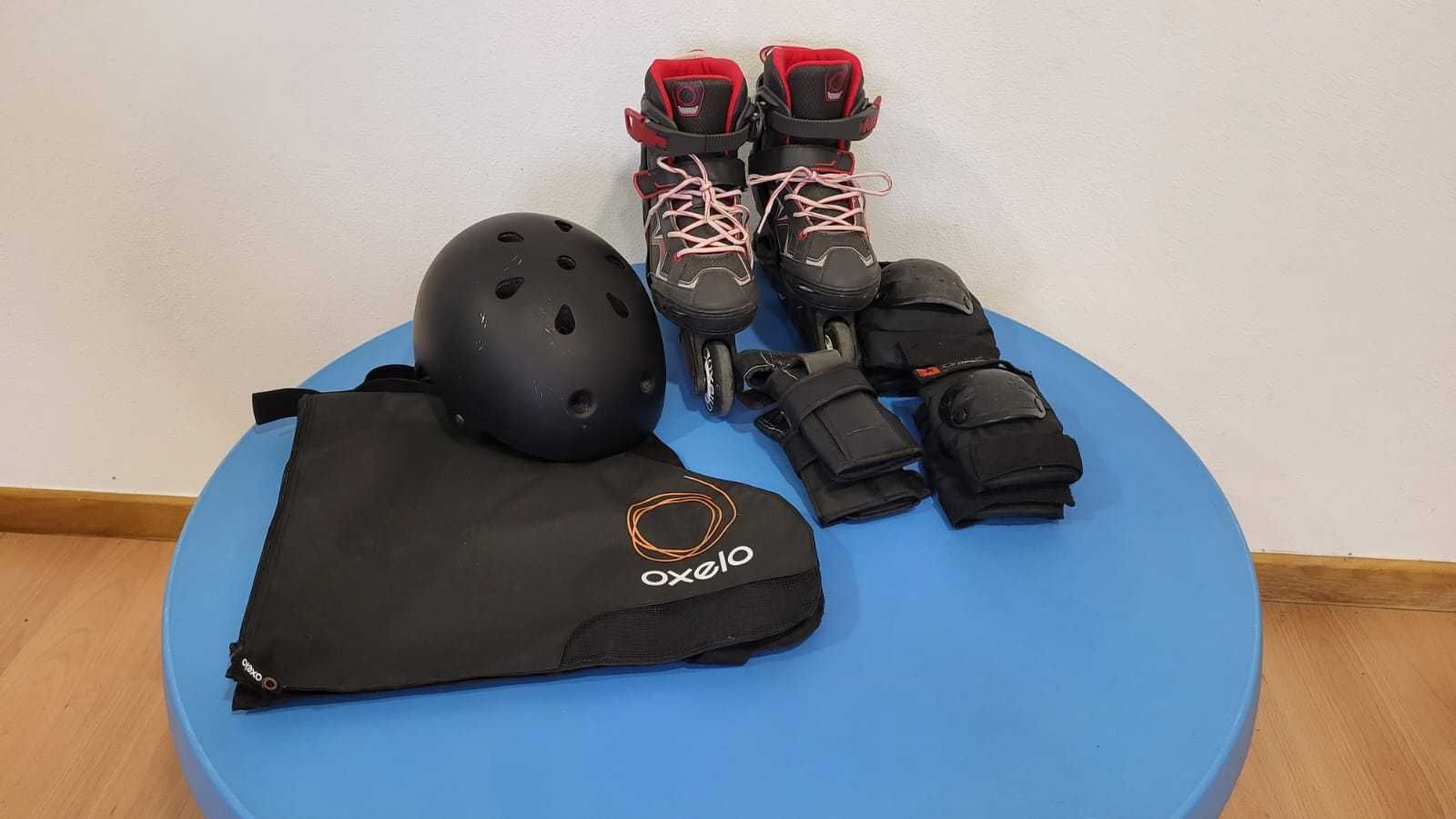 Conjunto de patins em linha, capacete e outros acessórios