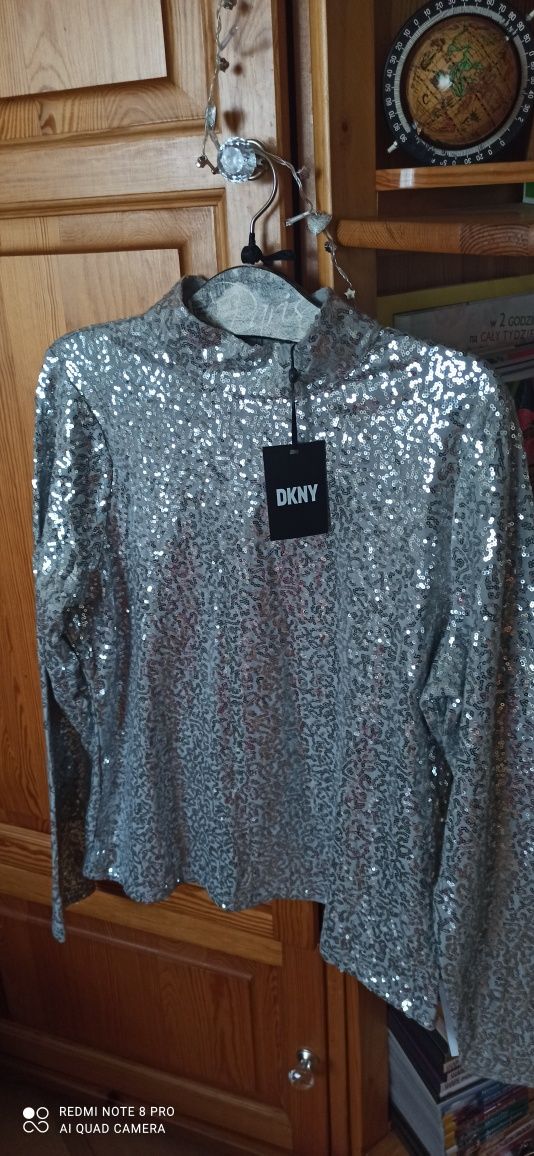 DKNY bluzka cekiny srebro L. Glamour. Wesele. Bal