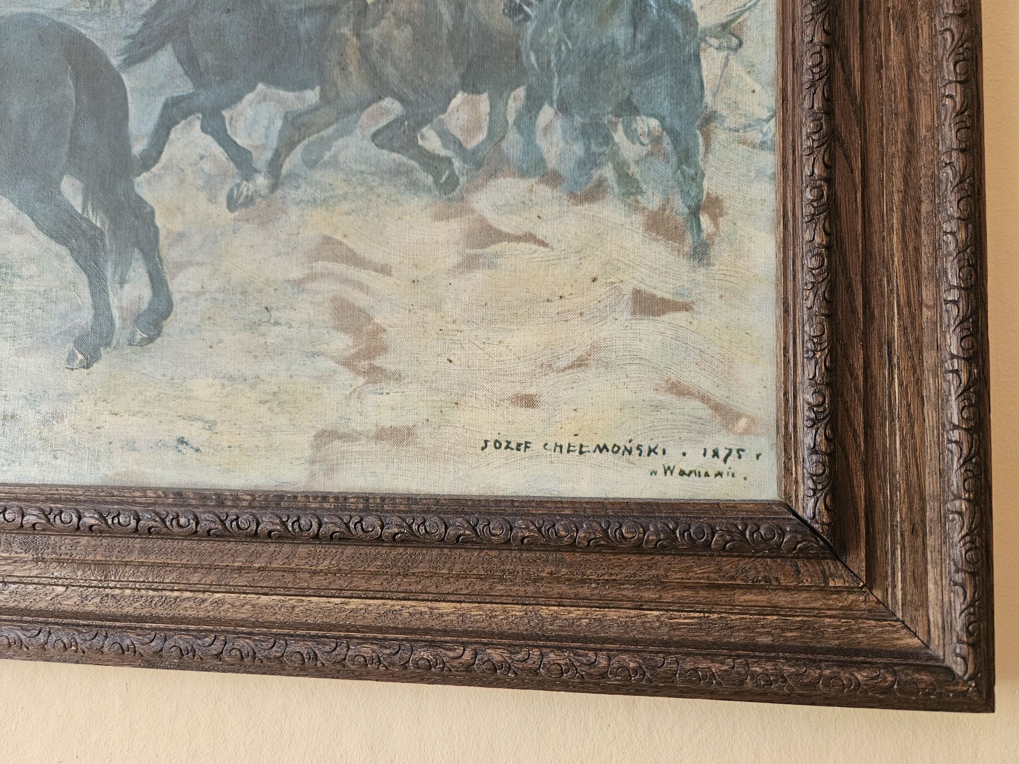 Józef Chełmoński reprodukcja obrazu "Na folwarku" z roku 1875.