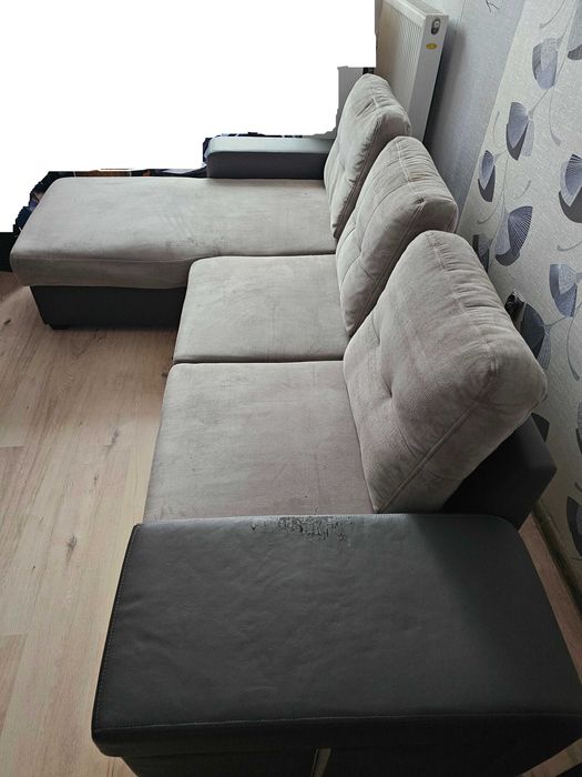 Nowoczesny narożnik z funkcją spania i pojemnikiem – szary, 258x160 cm