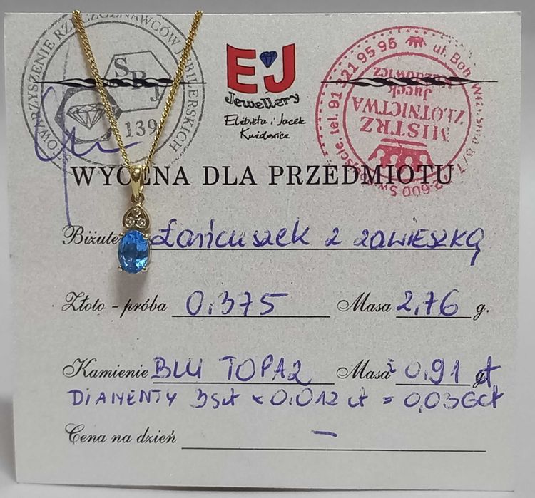 Wisiorek, przywieszka z topazem blu i diamentami, złoto 9K, poł. XX w.