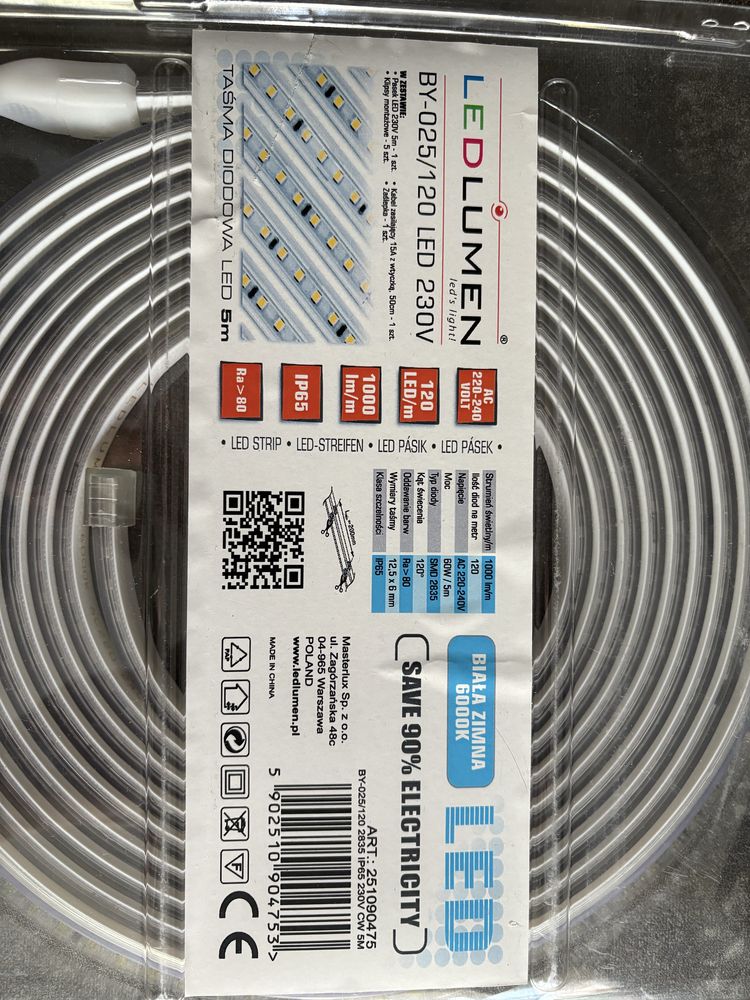 Taśma LED Lumen 5m 230V | Biała zimna 6000K | IP65