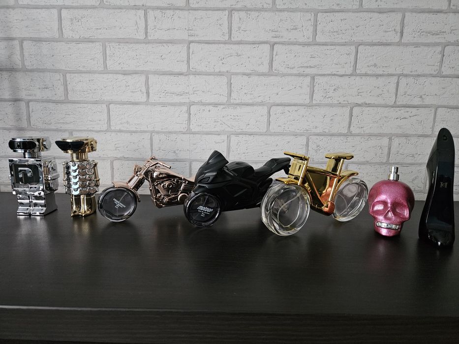 Opakowania od perfum : robot Rabanne , szpilka Good Girl , motor rower