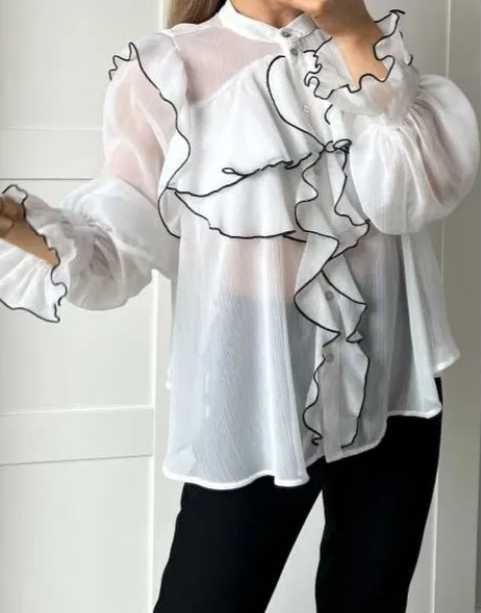 Biała koszula Zara z falbankami czarna lamówka