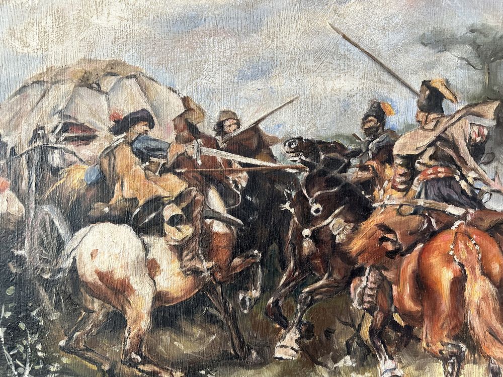 Obraz olejny stary ręcznie malowany podpisany Konie w walce