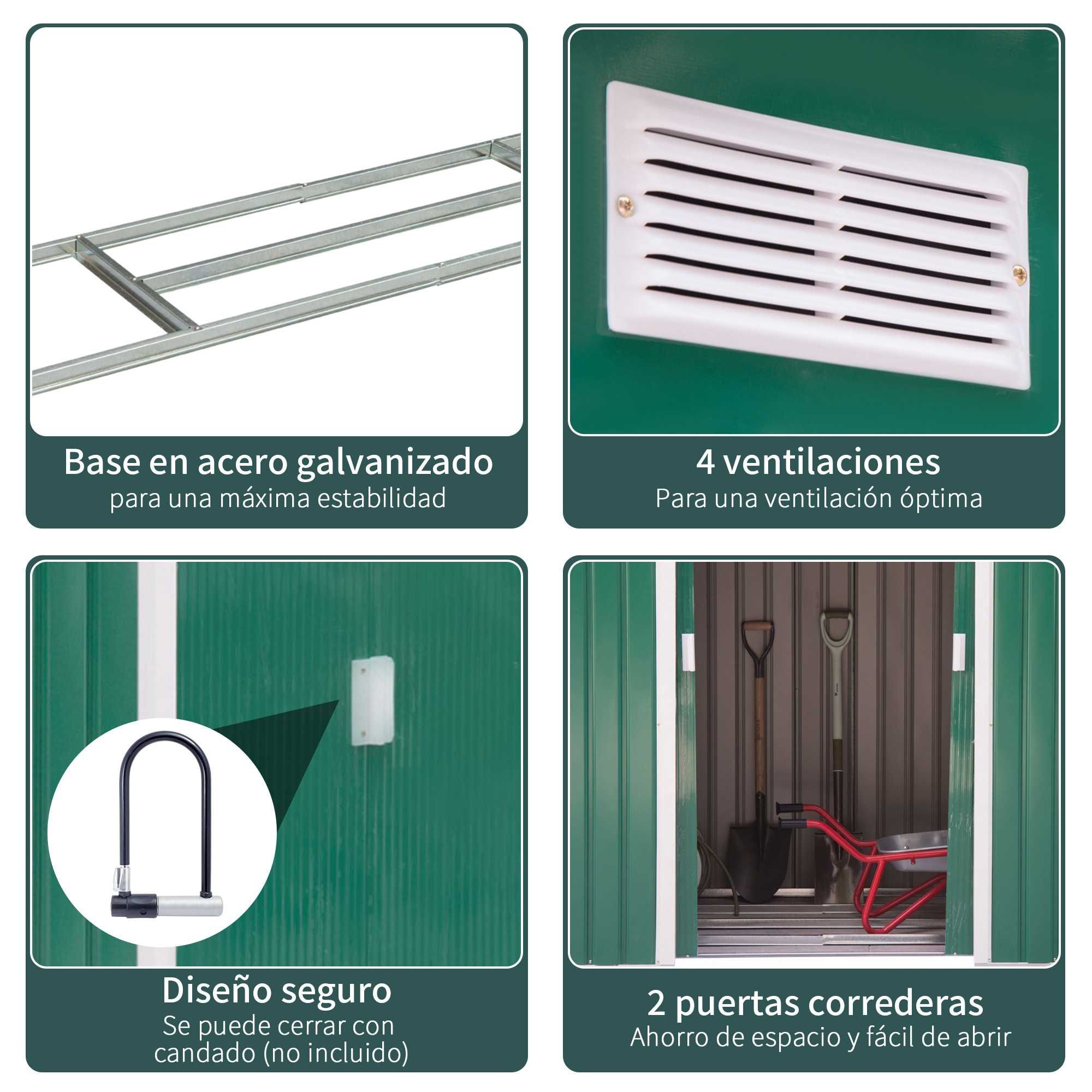 Abrigo de Jardim Metálico 213x130x185 cm com 2 Portas Deslizantes