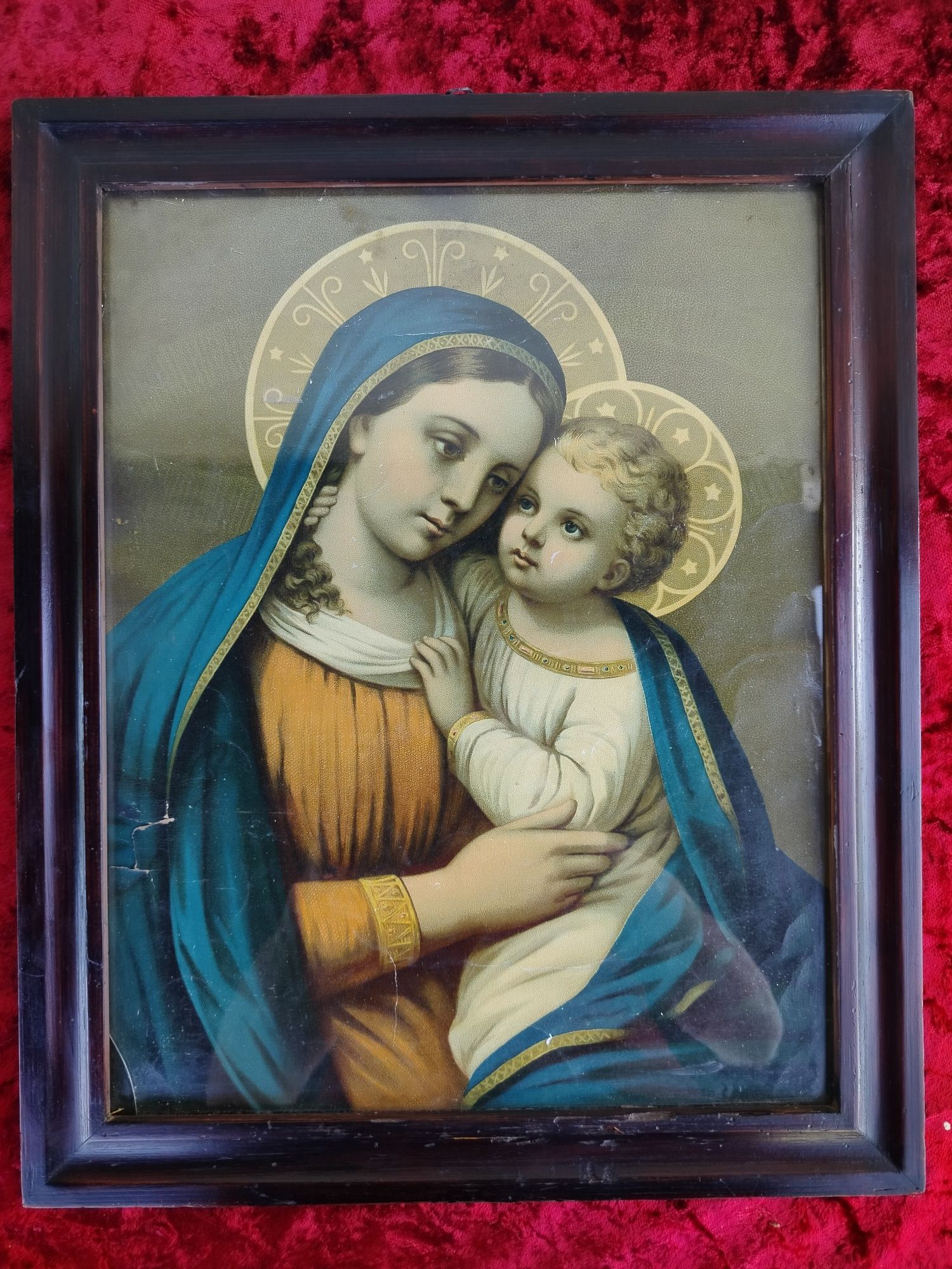 Stary obraz oleodruk Matka Boska z Dzieciątkiem Jezus