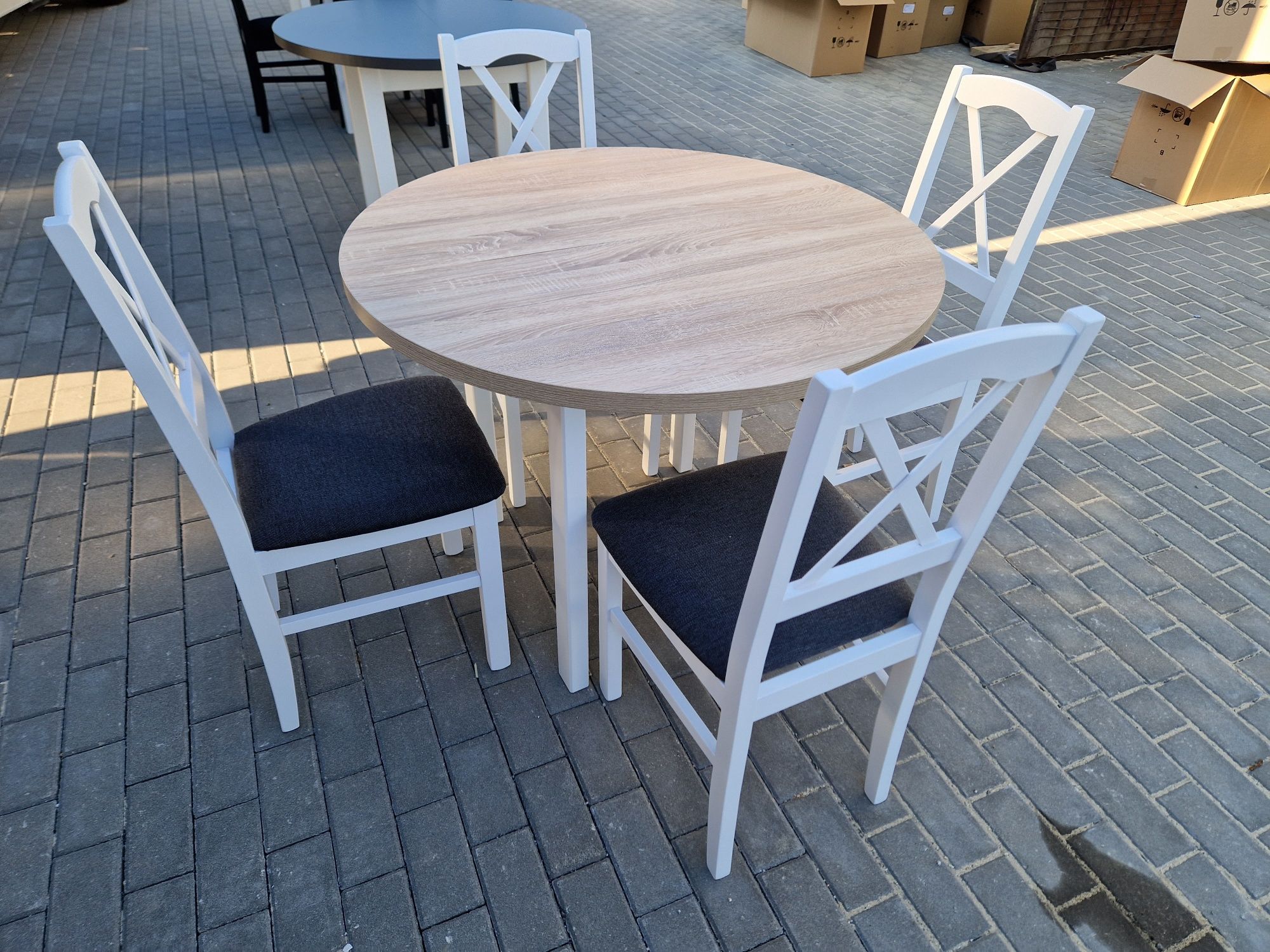 Nowe : Stół okrągły + 4 krzesła,  bialy/sonoma + grafit (krzyż)