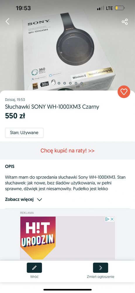 Słuchawki SONY WH-1000XM3 Czarny