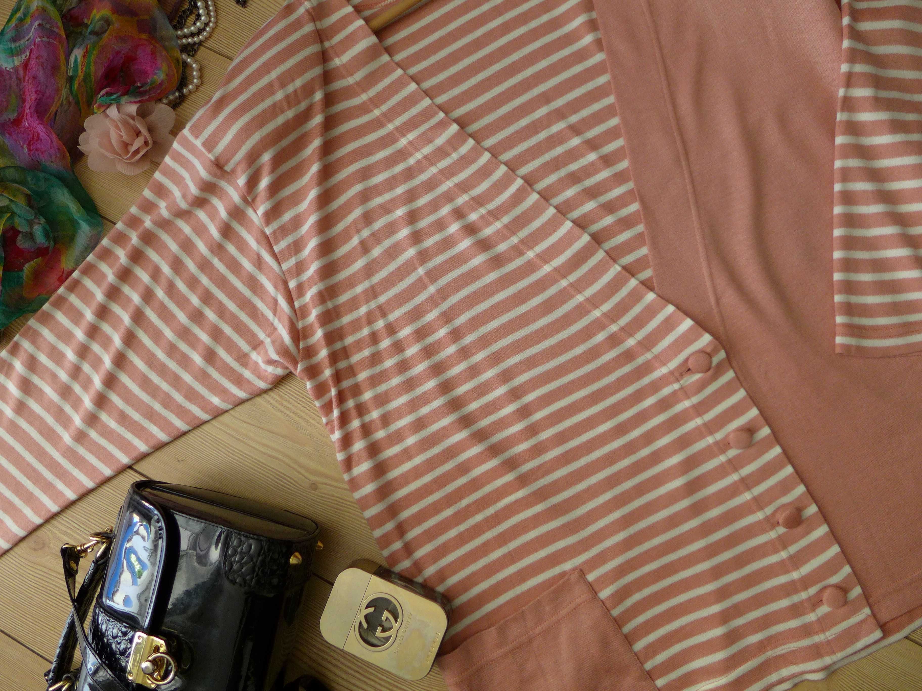 Dzianinowy kardigan rozpinana bluza miejska 44 46 L XL róż paski