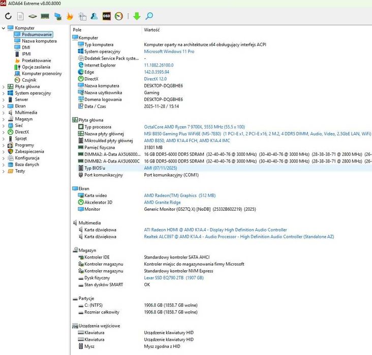 PC GAMING Ryzen 7 9700X/ MSI B850/ DDR5 32 GB/ EQ790 2 TB