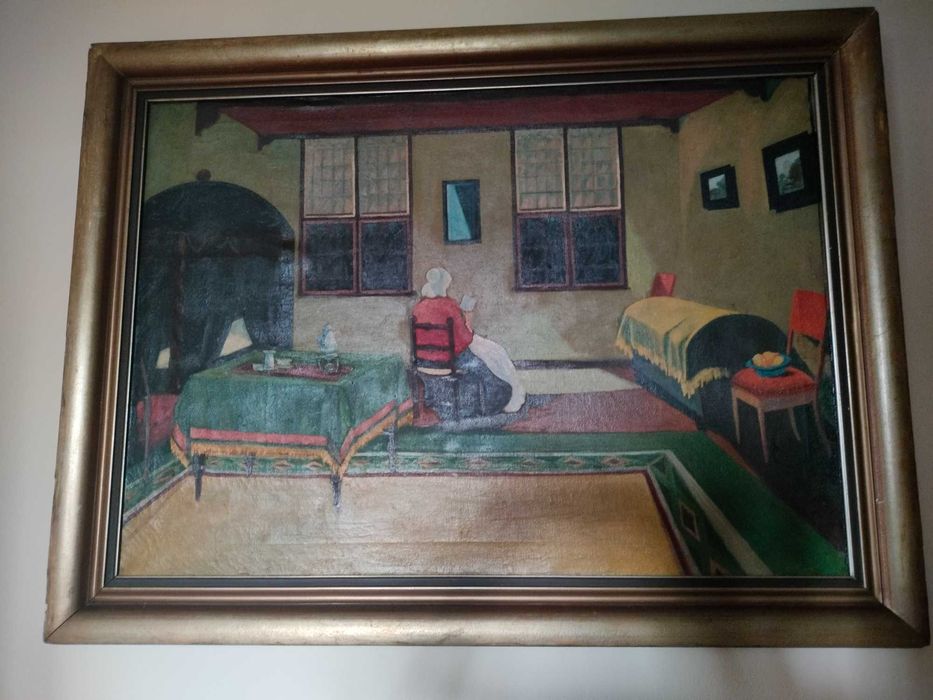 100 letni obraz olejny kobieta w suterenie