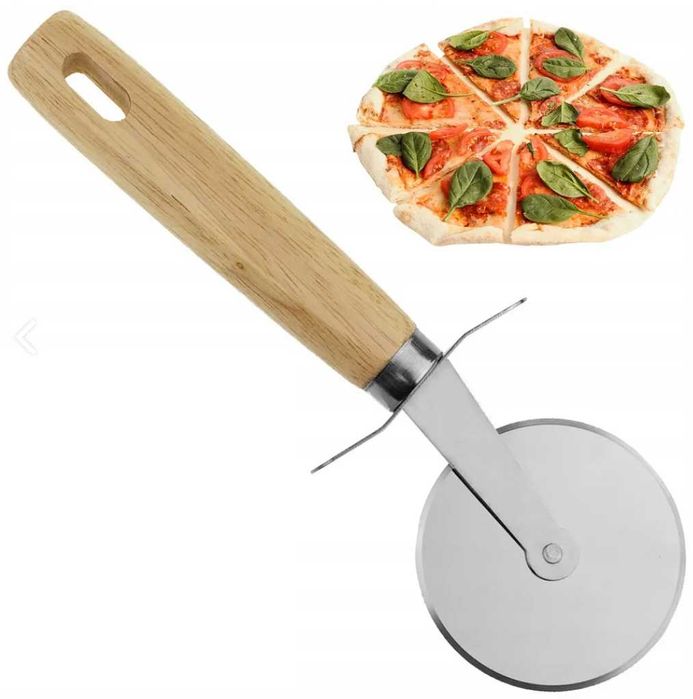 Nóż do pizzy okrągły radełko do krojenia pizzy drewno stal