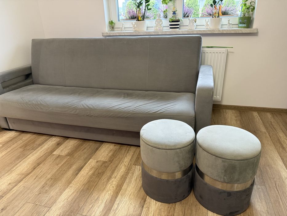 Szara kanapa 220cm +2 pufy