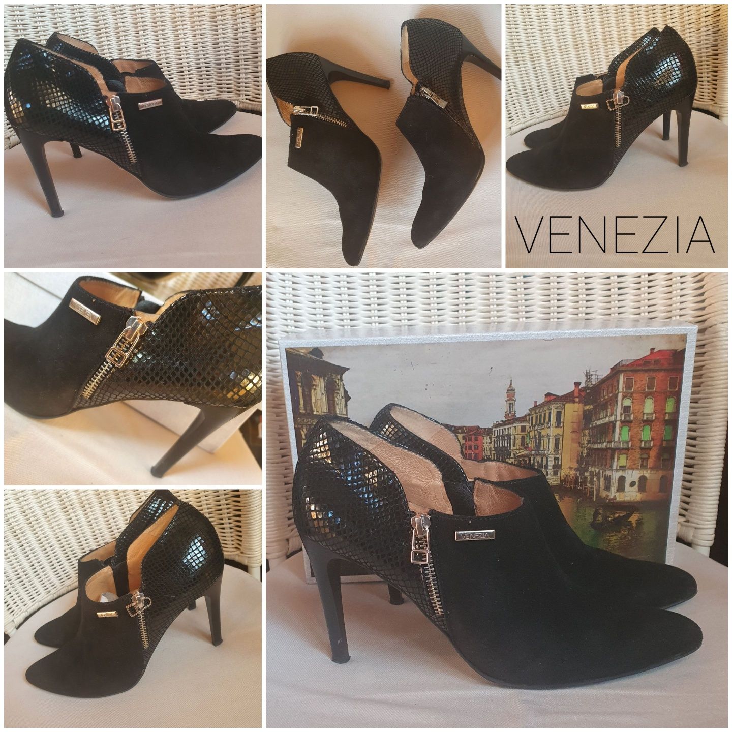 Czarne zamszowe botki Venezia szpilka kozaki print