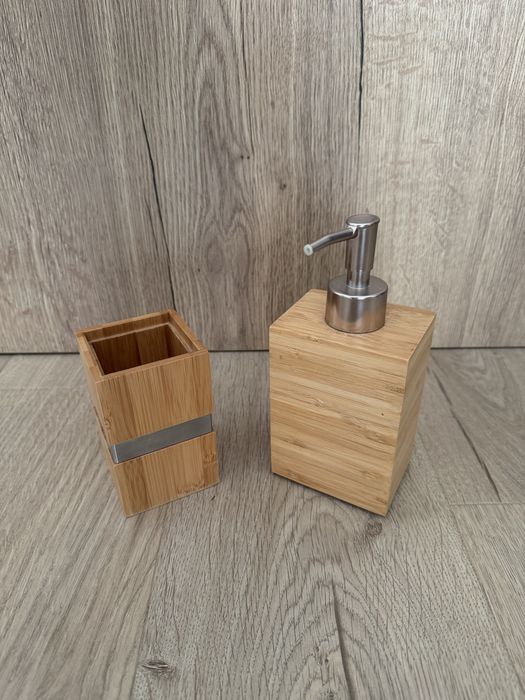 Dozownik mydła Dragan Ikea bambus + pojemnik bambusowy na szczoteczki