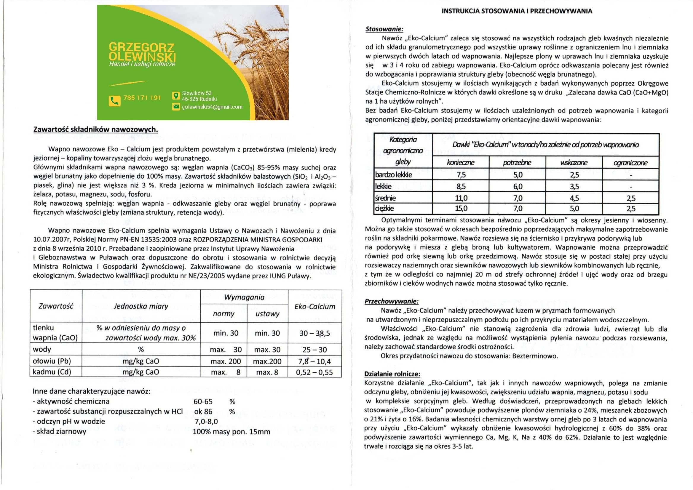 cena z dostawa wapno 07a eco calcium 36%CaO certyfikat f-vat eko