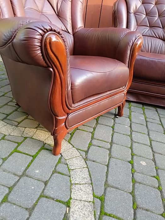 Komplet skórzany 3+1+1, sofa i fotele, styl Ludwikowski, skóra natural