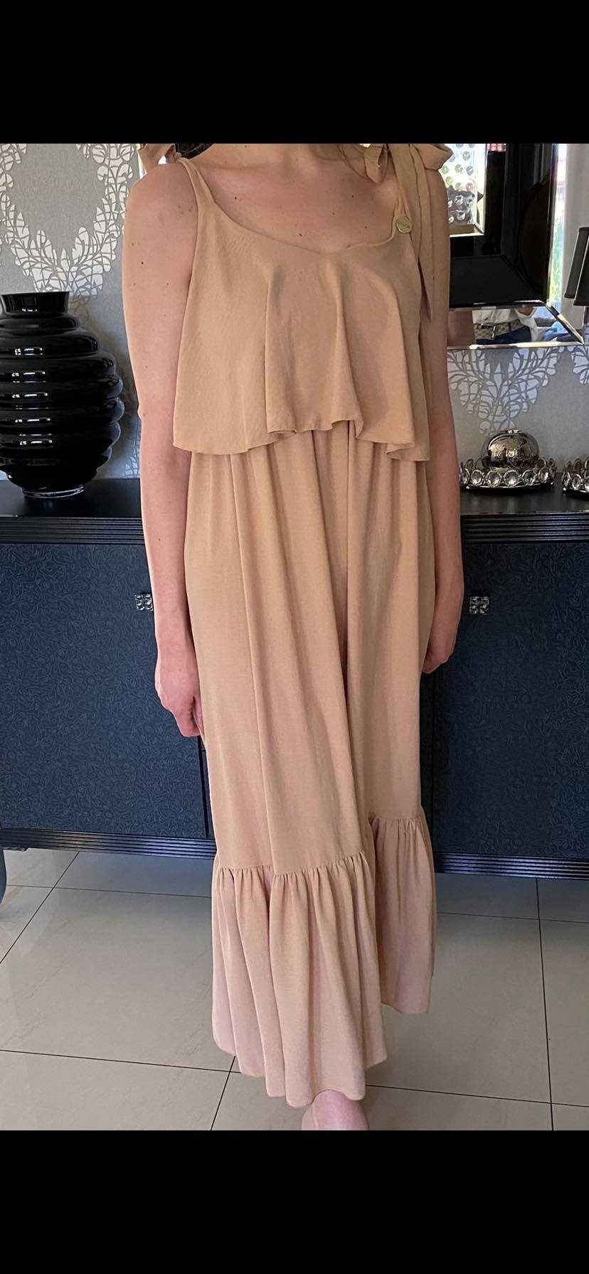 Długa beżowa suknia hiszpanka COLORI falbany M-L sukienka
