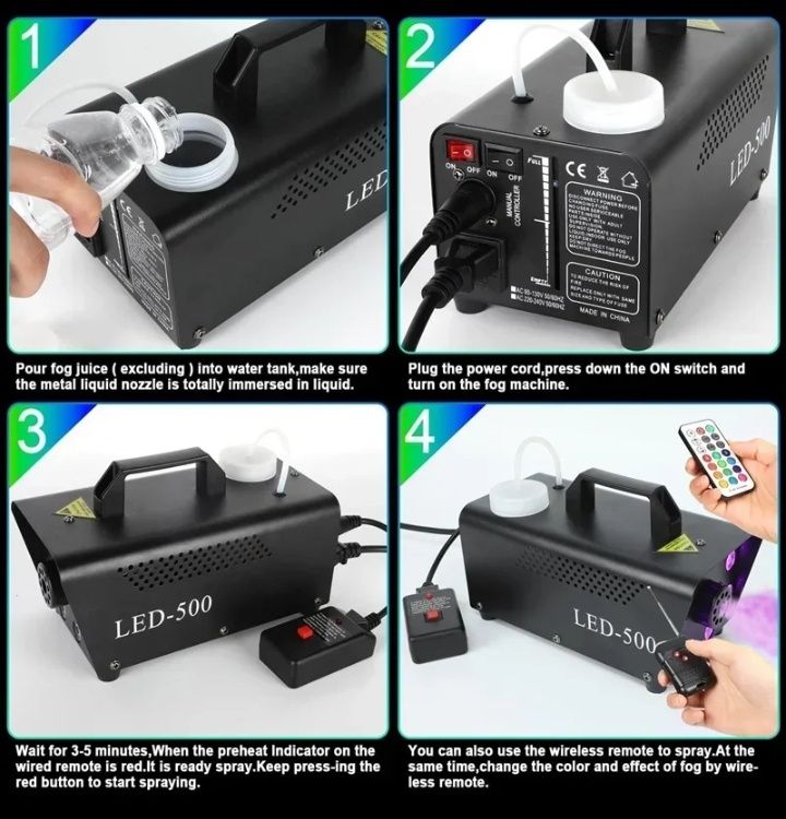 Máquina de Fumo 500W c/ 18 LEDs e Controlo Remoto
