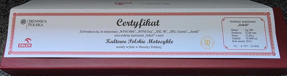 Kolekcja numizmatów z serii Kultowe Polskie Motocykle Polska 2014.