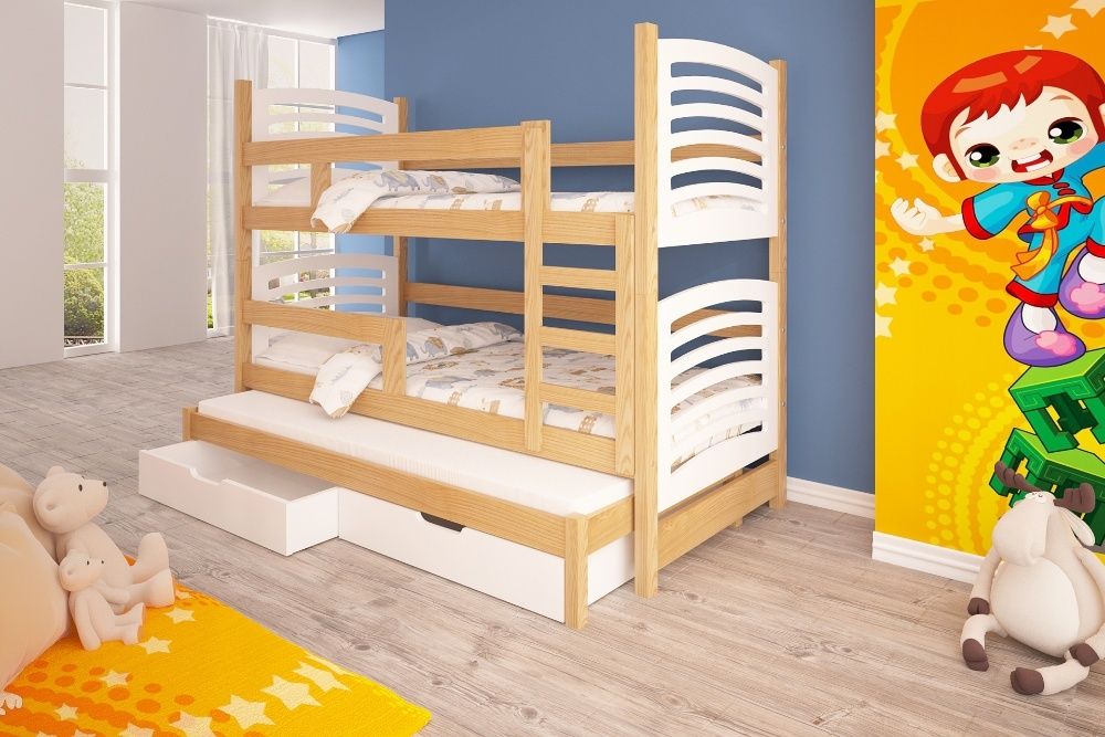 Łóżko dziecięce piętrowe OLI 3 z wysuwanym spaniem + materace GRATIS